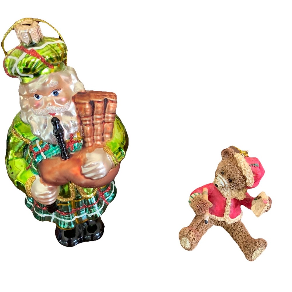 2 Ornaments - Summit‎ Glass Blown Santa with Bagpipes and Bear Santa Ornament